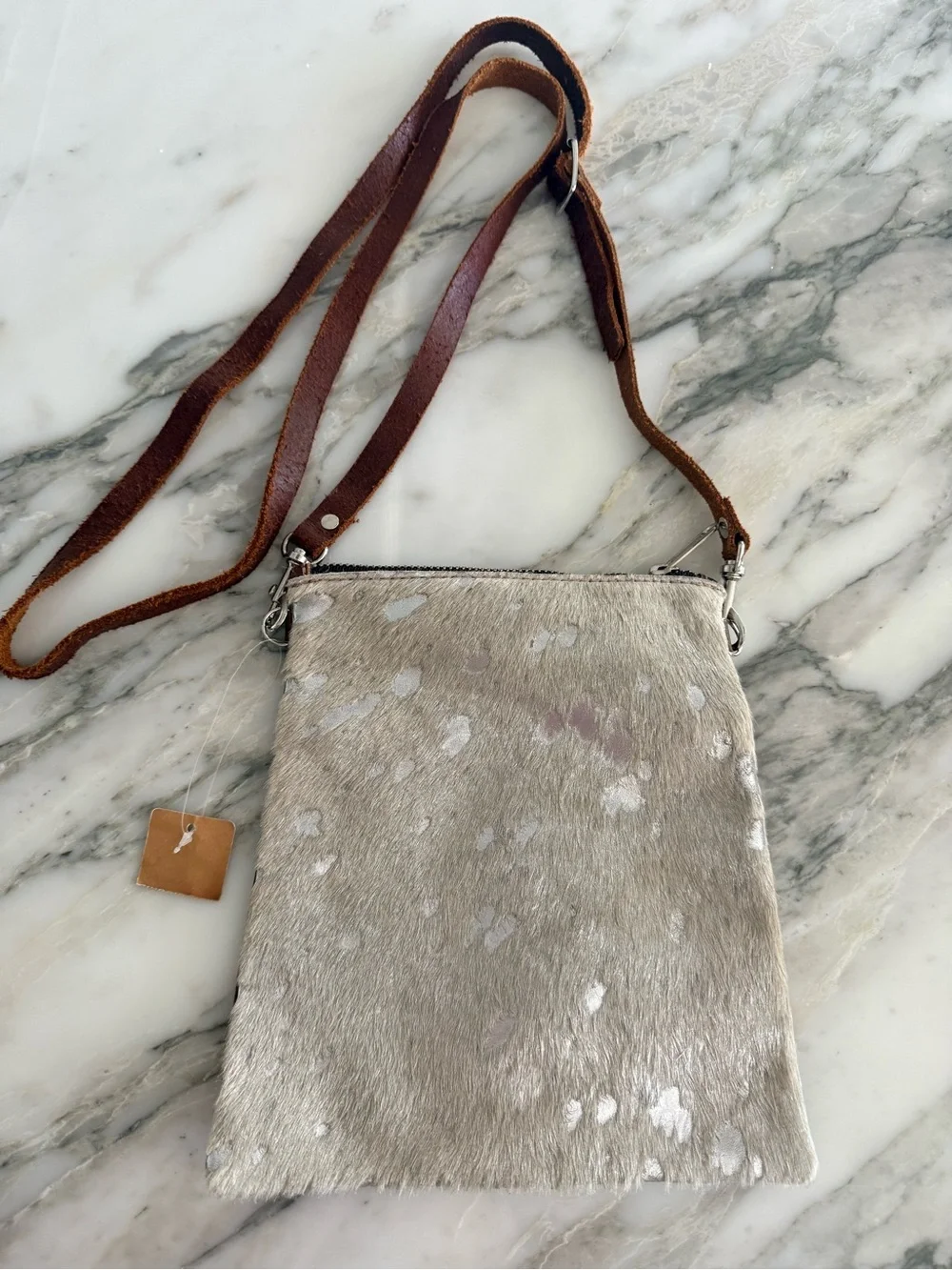 Leather Strap Calf hair Crossbody Bag in Silver metallic NWT Made in Italy
